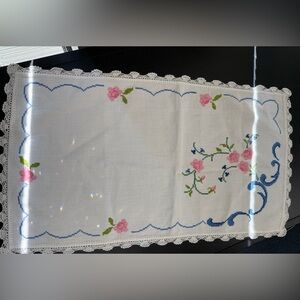 Vintage Floral Cross-Stitch Runner or dresser runner - White with Pink & Blue
